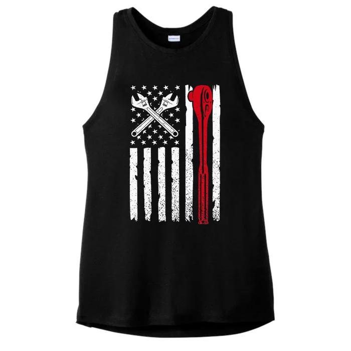 Auto Mechanic American Flag USA Ladies Tri-Blend Wicking Tank