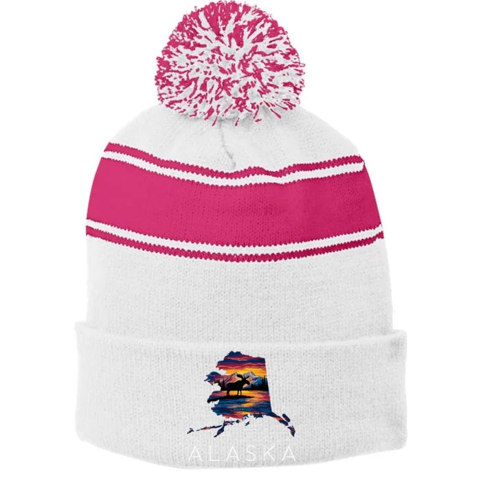 Alaskan Moose Animal Alaska Map Stripe Pom Pom Beanie