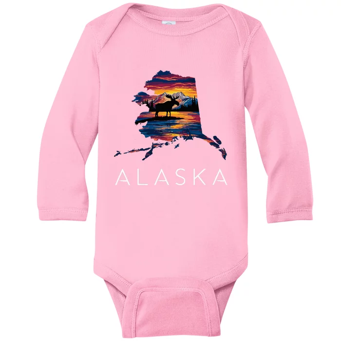 Alaskan Moose Animal Alaska Map Baby Long Sleeve Bodysuit