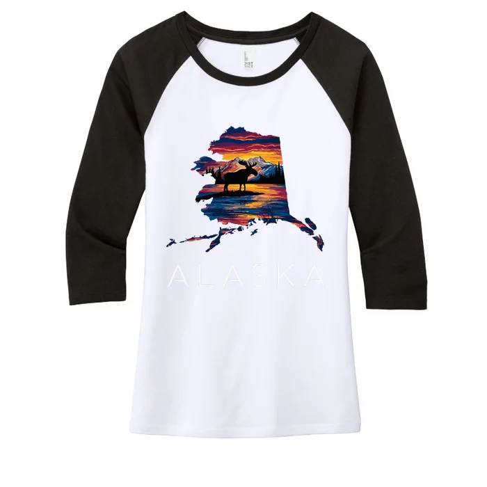 Alaskan Moose Animal Alaska Map Women's Tri-Blend 3/4-Sleeve Raglan Shirt