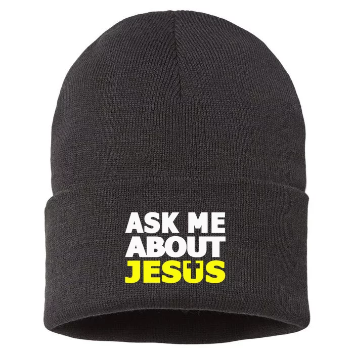 Ask Me About Jesus Religious Christian Gift Sustainable Knit Beanie