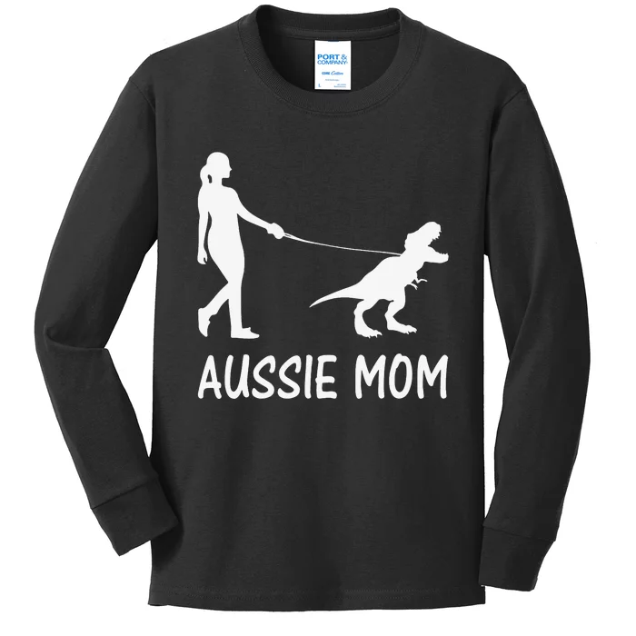 Aussie Mom Australian Shepherd Dog Dinosaur  Mother Kids Long Sleeve Shirt