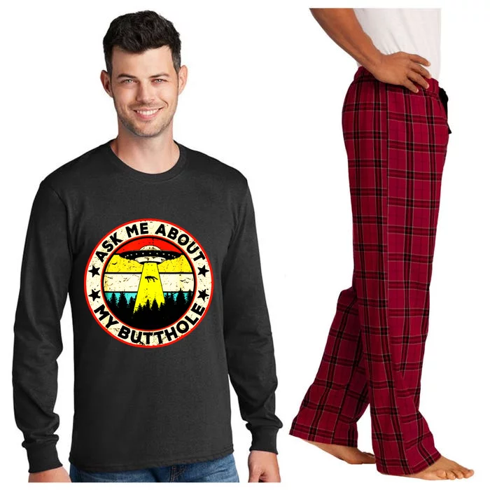 Ask Me About My Butthole Funny Ufo Alien Abduction Vintage Long Sleeve Pajama Set