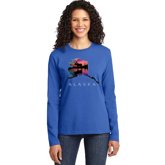 Alaskan Moose A.U.R.O.R.A Borealis Alaska State & Landscape Ladies Long Sleeve Shirt