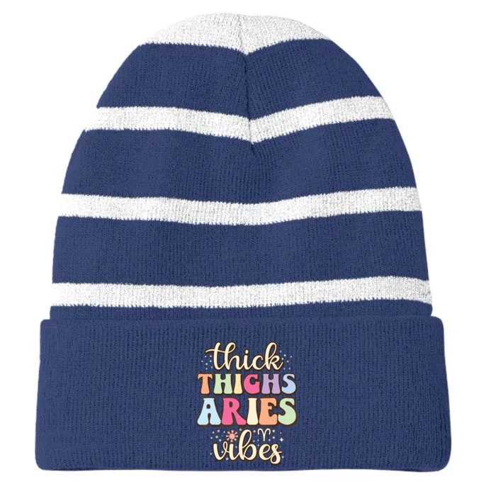 Aries March April Birthday Retro Astrology Aries Zodiac Sign Striped Beanie with Solid Band