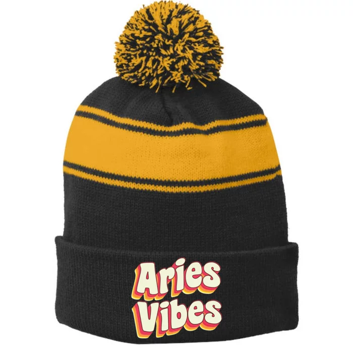 Aries March April Birthday Retro Astrology Aries Zodiac Sign Stripe Pom Pom Beanie