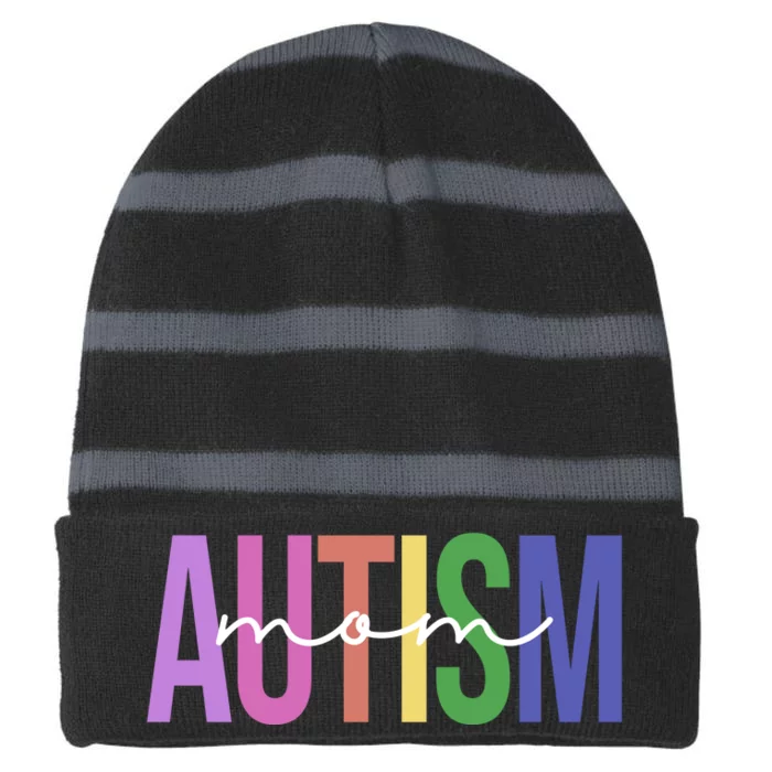 Autism Mom Awareness Colorful Striped Beanie with Solid Band