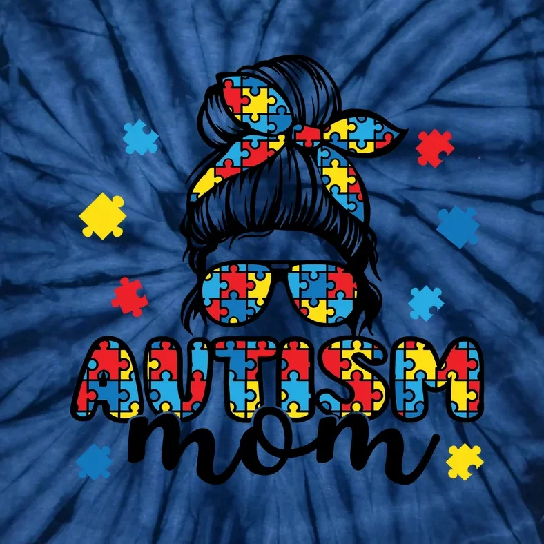 Autism Mom Awareness Messy Bun Puzzle Women Tie-Dye T-Shirt