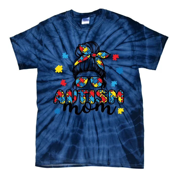 Autism Mom Awareness Messy Bun Puzzle Women Tie-Dye T-Shirt