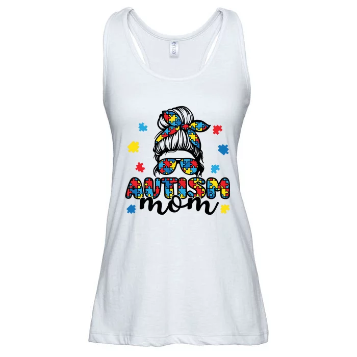 Autism Mom Awareness Messy Bun Puzzle Women Ladies Essential Flowy Tank