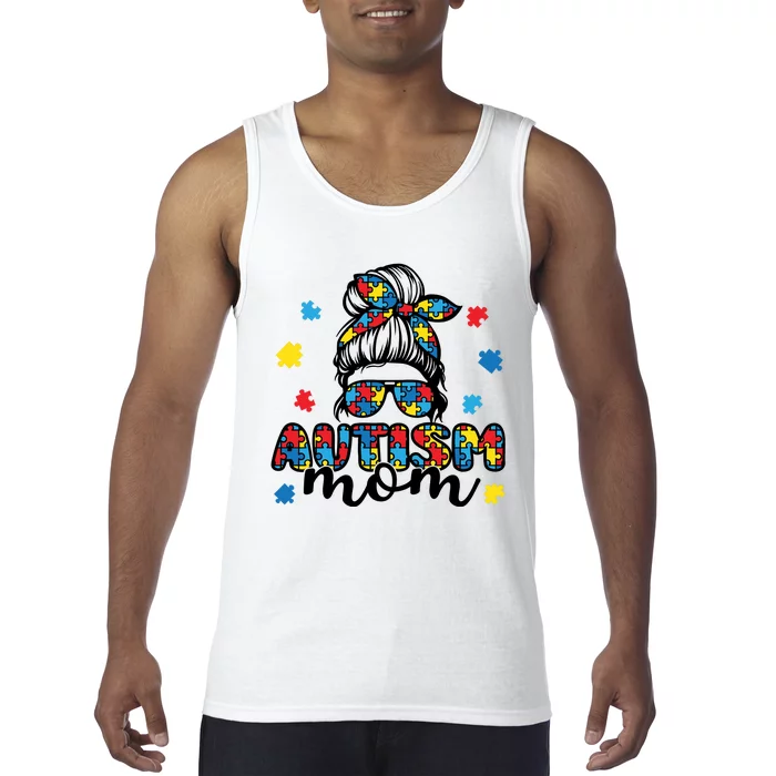 Autism Mom Awareness Messy Bun Puzzle Women Tank Top