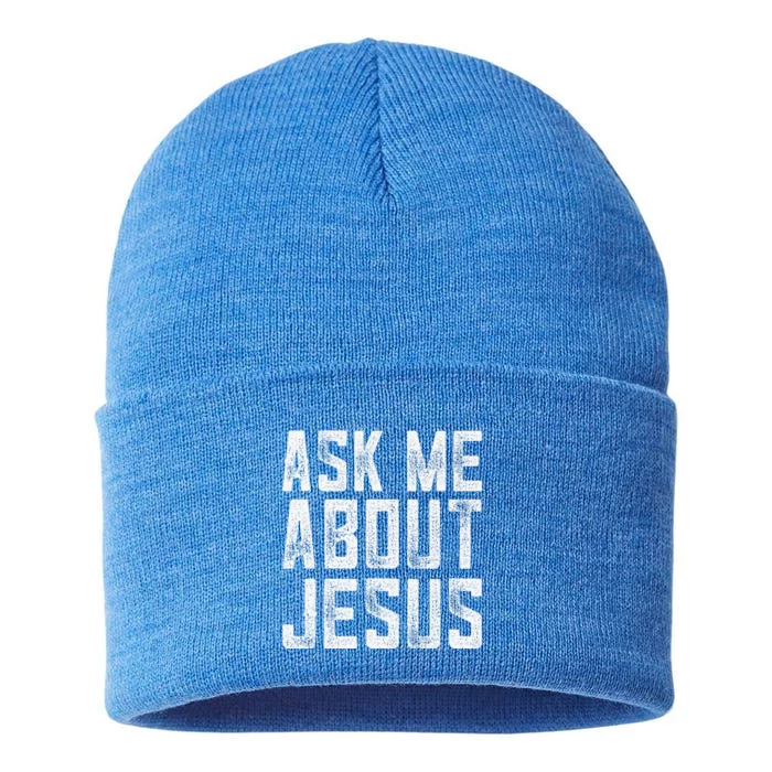 Ask Me About Jesus  Christian Faith  Bible Verse Sustainable Knit Beanie