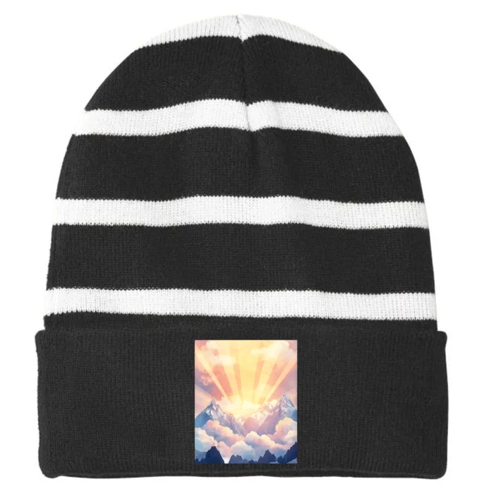 Artistic Mountain And Sunlight Nature Striped Beanie with Solid Band