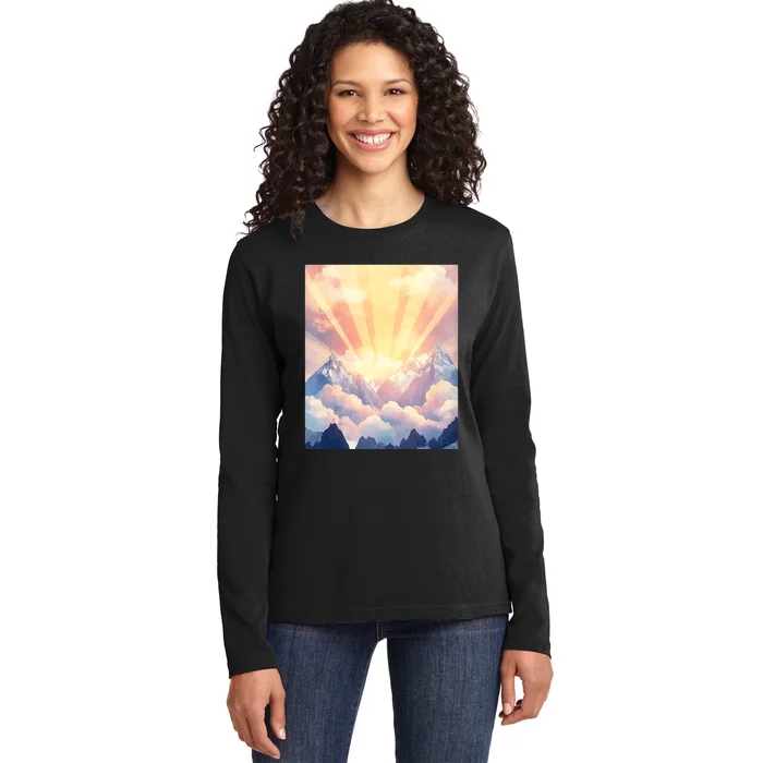 Artistic Mountain And Sunlight Nature Ladies Long Sleeve Shirt