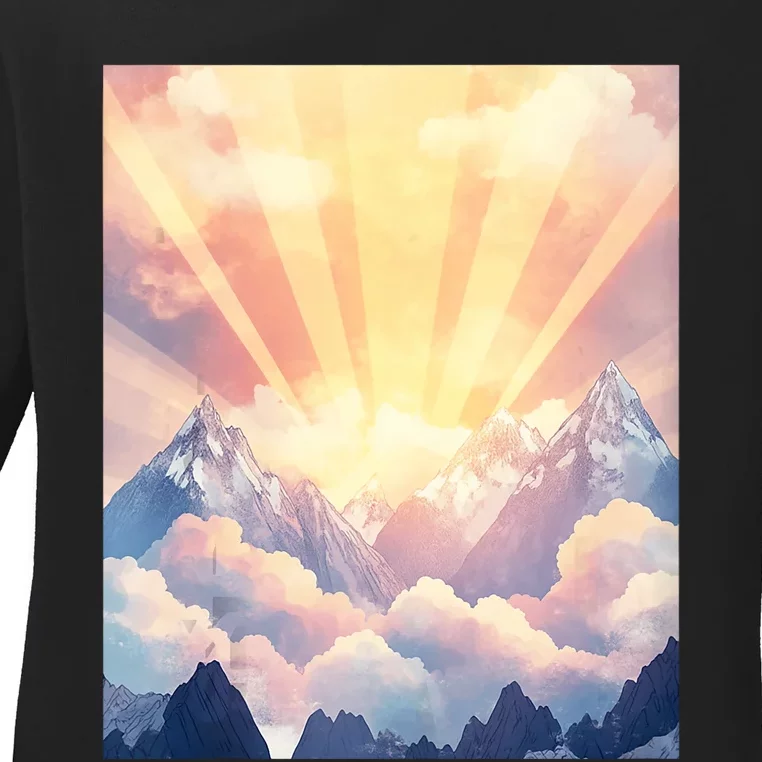 Artistic Mountain And Sunlight Nature Ladies Long Sleeve Shirt