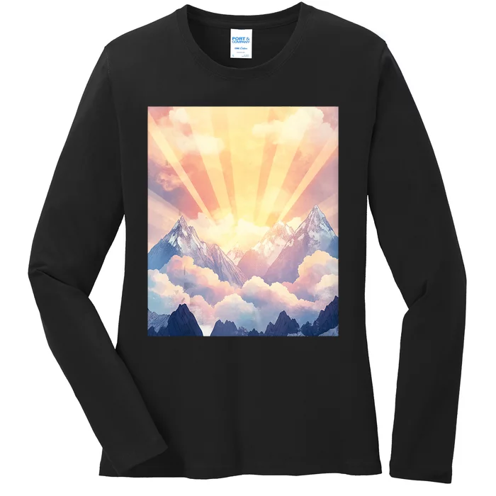 Artistic Mountain And Sunlight Nature Ladies Long Sleeve Shirt