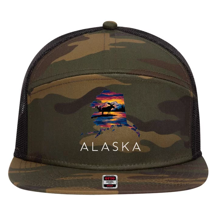 Alaskan Moose Animal Alaska Map 7 Panel Mesh Trucker Snapback Hat