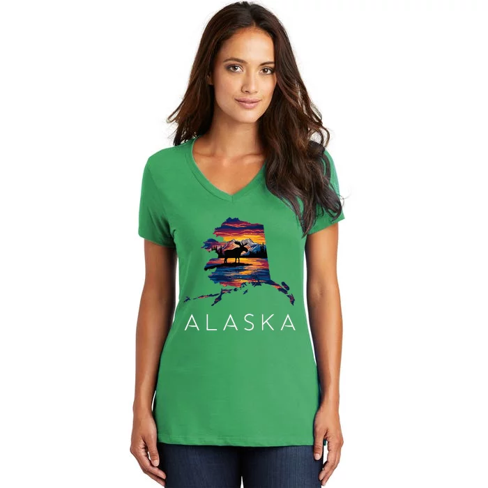 Alaskan Moose Animal Alaska Map Women's V-Neck T-Shirt