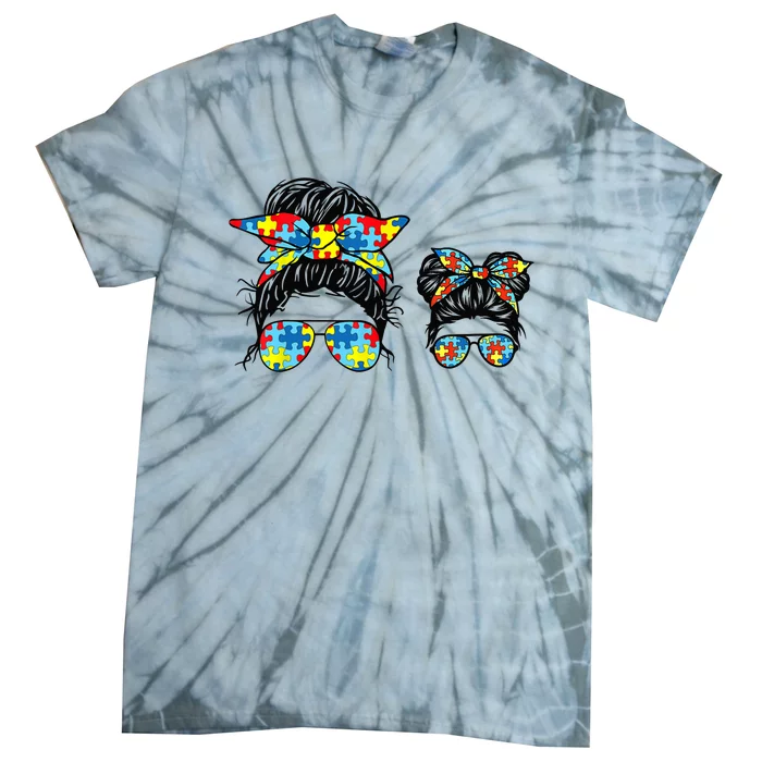 Autism Mom And Life Messy Bun Sunglasses Bandana Tie-Dye T-Shirt