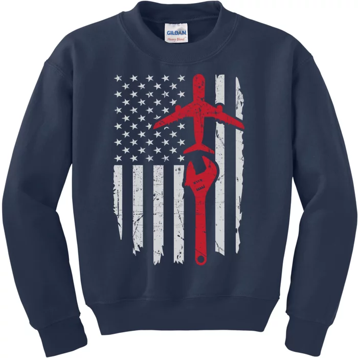 Airplane Mechanic American Flag Aviation Technician Gift Kids Sweatshirt