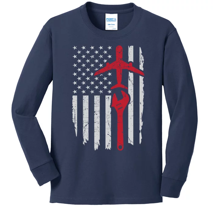 Airplane Mechanic American Flag Aviation Technician Gift Kids Long Sleeve Shirt