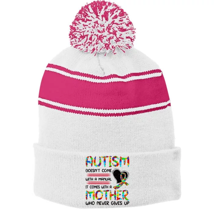 Autism Mom American Flag Stripe Pom Pom Beanie