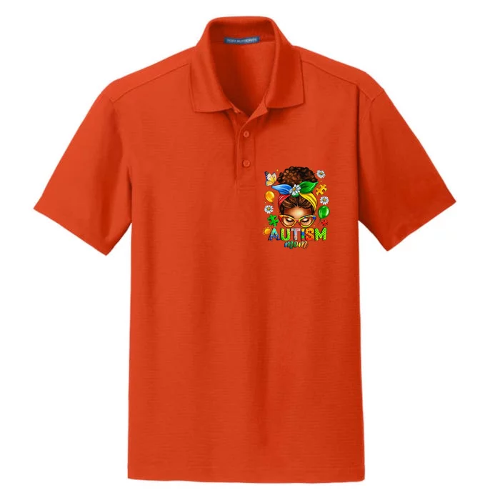 Autism Mom Afro Messy Bun Black Women Mom Life Mothers Day Dry Zone Grid Performance Polo