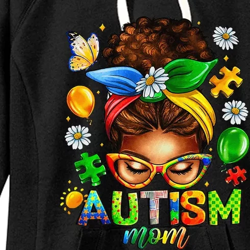 Autism Mom Afro Messy Bun Black Women Mom Life Mothers Day Women's Fleece Hoodie