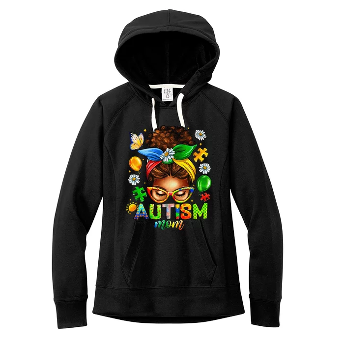 Autism Mom Afro Messy Bun Black Women Mom Life Mothers Day Women's Fleece Hoodie