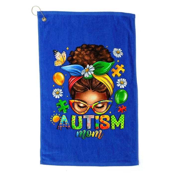 Autism Mom Afro Messy Bun Black Women Mom Life Mothers Day Platinum Collection Golf Towel