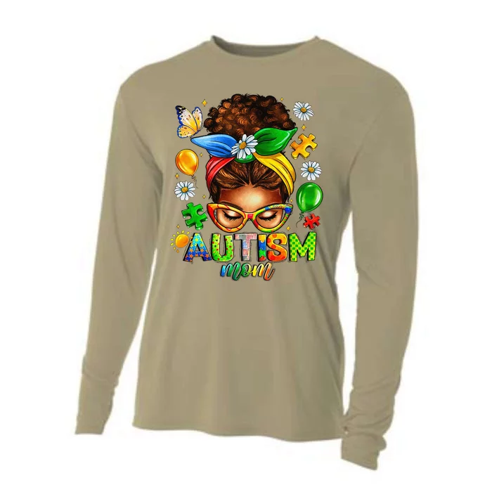 Autism Mom Afro Messy Bun Black Women Mom Life Mothers Day Cooling Performance Long Sleeve Crew