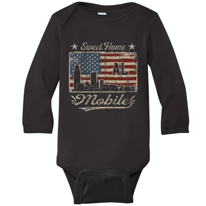 Awesome Mobile Alabama Distressed American Flag Baby Long Sleeve Bodysuit