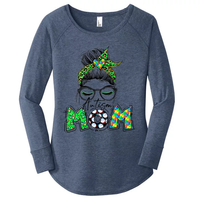 Autism Mom Awareness Messy Bun Leopard St Patrick's Day Funny Gift Women's Perfect Tri Tunic Long Sleeve Shirt