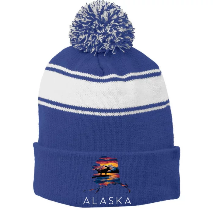 Alaskan Moose Animal Alaska Map Stripe Pom Pom Beanie