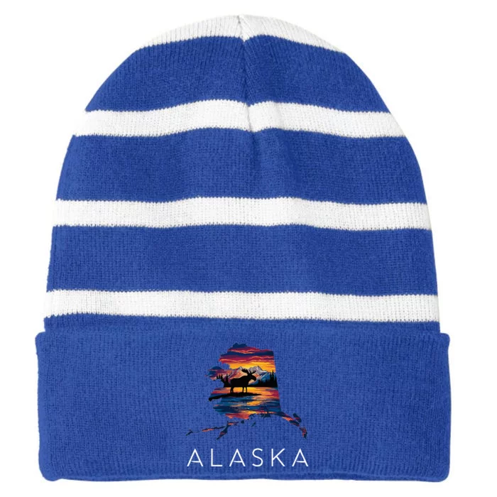 Alaskan Moose Animal Alaska Map Striped Beanie with Solid Band