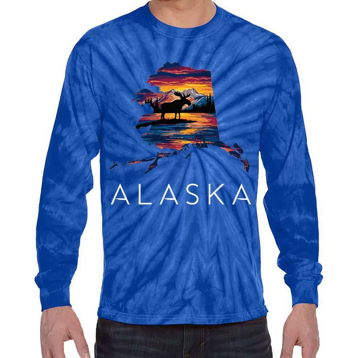 Alaskan Moose Animal Alaska Map Tie-Dye Long Sleeve Shirt