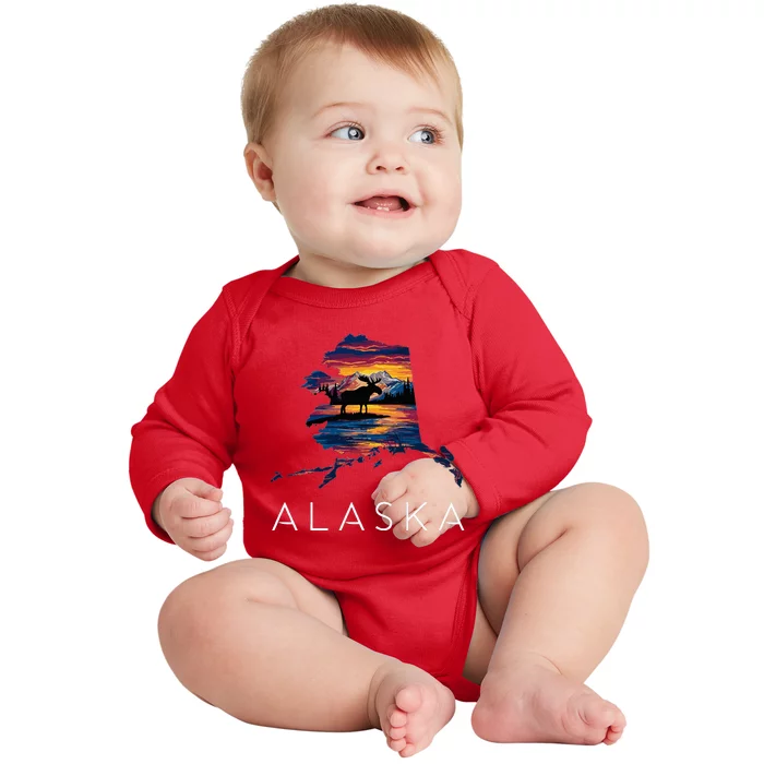 Alaskan Moose Animal Alaska Map Baby Long Sleeve Bodysuit