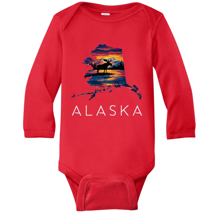 Alaskan Moose Animal Alaska Map Baby Long Sleeve Bodysuit