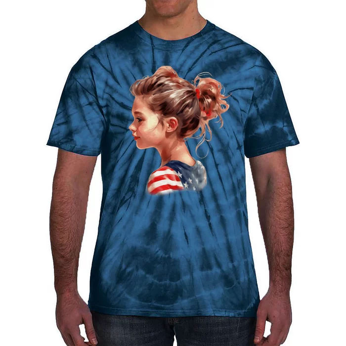 American Messy Bun Girl USA Flag Watercolor Tie-Dye T-Shirt