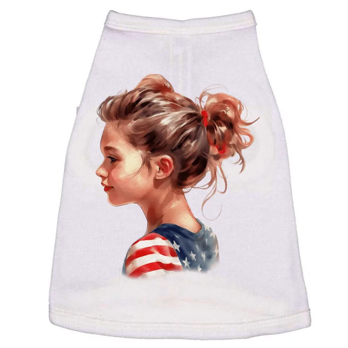 American Messy Bun Girl USA Flag Watercolor Doggie Tank