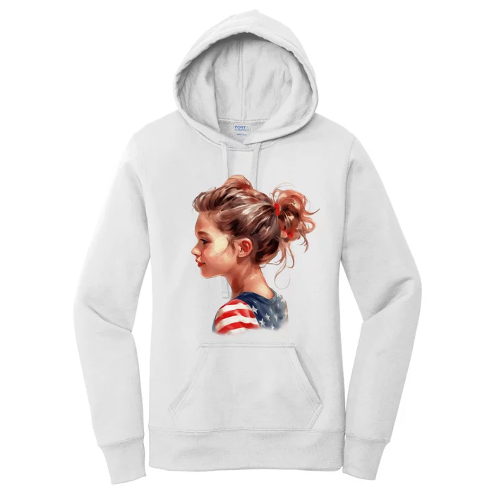 American Messy Bun Girl USA Flag Watercolor Women's Pullover Hoodie