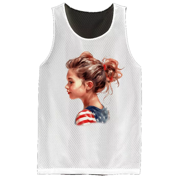 American Messy Bun Girl USA Flag Watercolor Mesh Reversible Basketball Jersey Tank