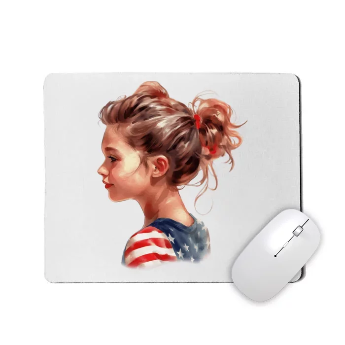 American Messy Bun Girl USA Flag Watercolor Mousepad