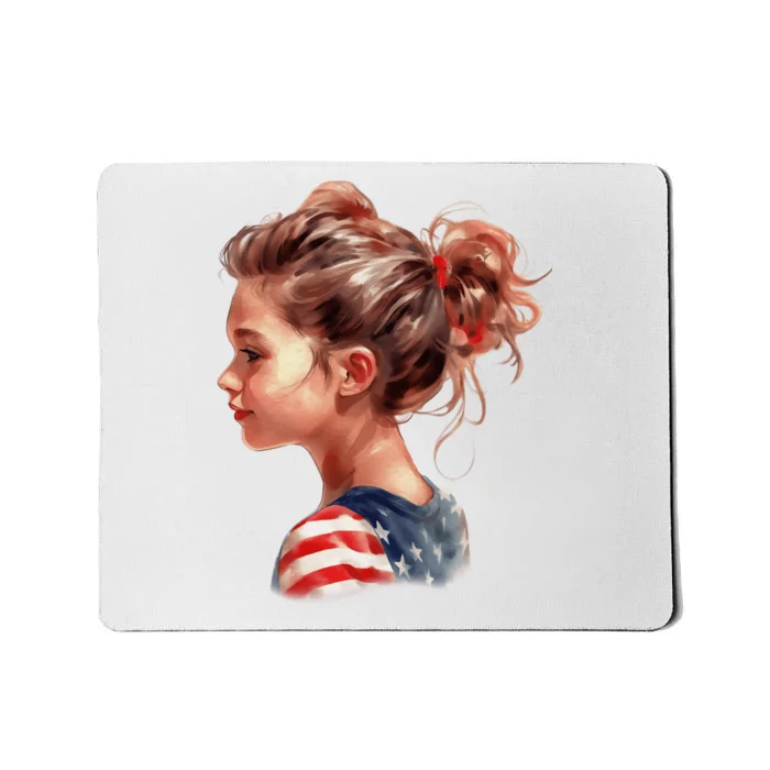 American Messy Bun Girl USA Flag Watercolor Mousepad