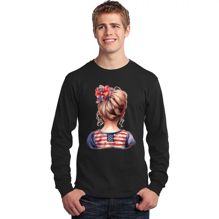 American Messy Bun Girl USA Flag Watercolor Flowers Long Sleeve Shirt