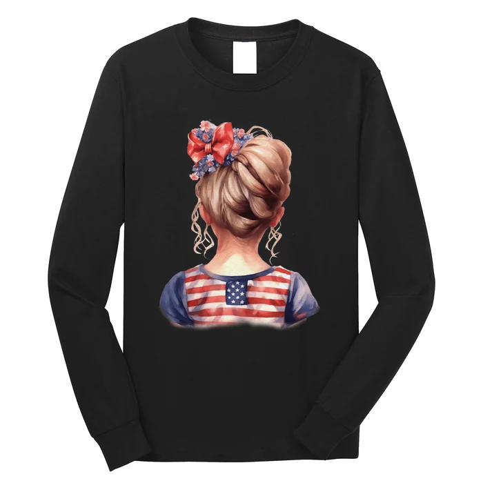 American Messy Bun Girl USA Flag Watercolor Flowers Long Sleeve Shirt