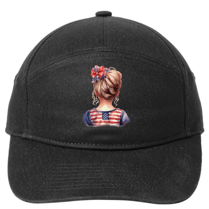 American Messy Bun Girl USA Flag Watercolor Flowers 7-Panel Snapback Hat