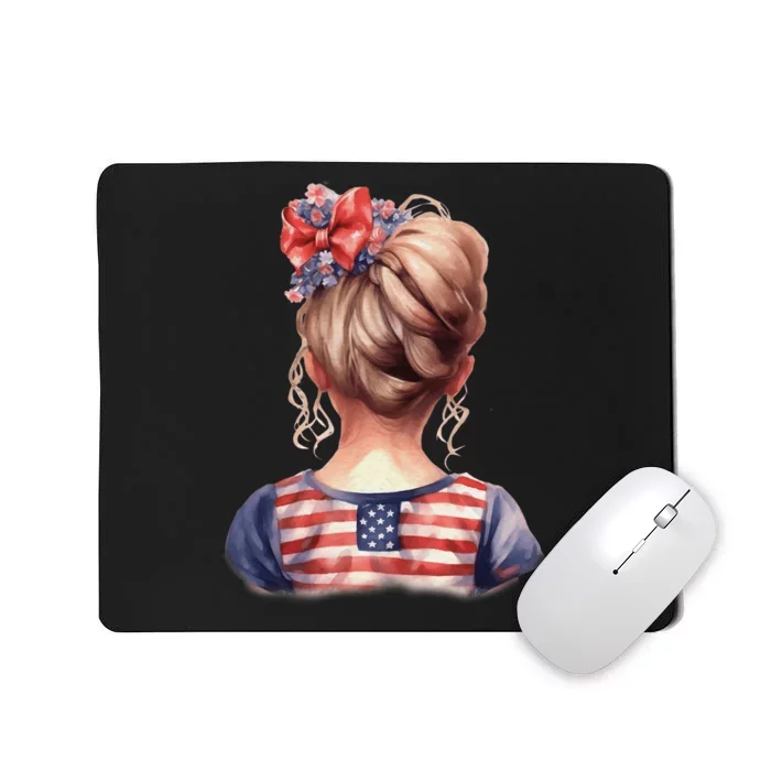 American Messy Bun Girl USA Flag Watercolor Flowers Mousepad