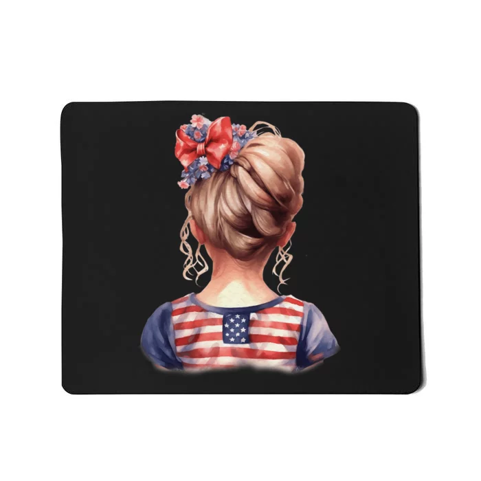 American Messy Bun Girl USA Flag Watercolor Flowers Mousepad