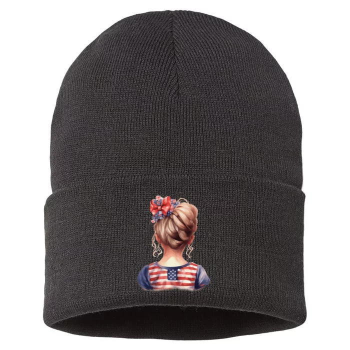 American Messy Bun Girl USA Flag Watercolor Flowers Sustainable Knit Beanie